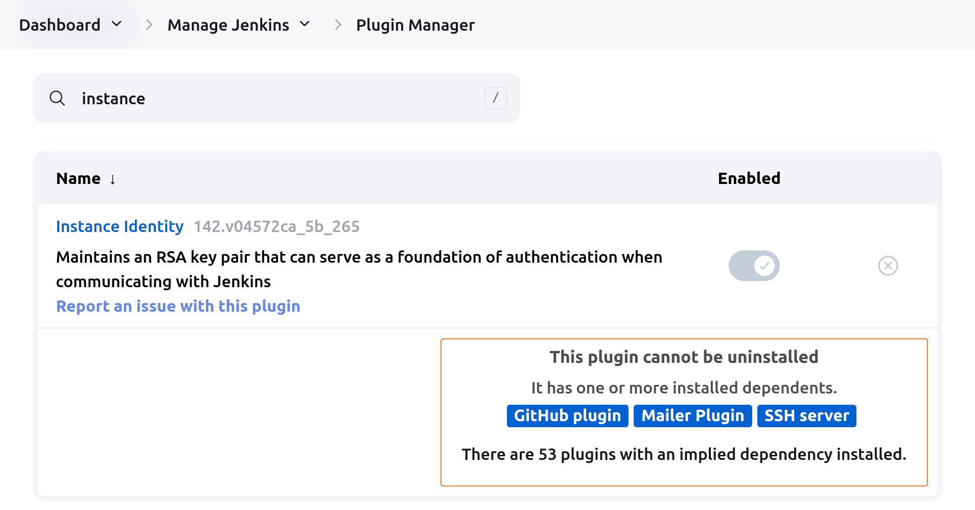 Hover over the uninstall button to see Implied Dependencies